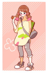 Rule 34 | 1girl, bag, black eyes, brown hair, cosplay, creatures (company), facepaint, game freak, grey footwear, grey pants, hibikileon, highres, may (pokemon), medium hair, mina (pokemon), mina (pokemon) (cosplay), nintendo, notebook, oversized clothes, oversized shirt, pants, pink background, pokemon, pokemon adventures, pokemon sm, polka dot, polka dot background, shirt, shoes, solo, twintails