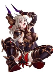 Rule 34 | 10s, 1girl, ahoge, between legs, black footwear, black gloves, boots, breasts, cake, cape, draph, elbow gloves, food, food on face, gloves, granblue fantasy, grey hair, hair between eyes, halterneck, high heel boots, high heels, holding, holding food, hood, hood down, horns, hoshikuzu kizuna, large breasts, long hair, looking at viewer, miniskirt, open mouth, red eyes, red skirt, simple background, sitting, skirt, sleeveless, solo, taut clothes, thigh boots, thighhighs, threo (granblue fantasy), white background, zettai ryouiki