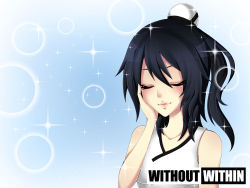 Rule 34 | 1girl, absurdres, artist request, bishie sparkle, black hair, blush, closed eyes, collarbone, copyright name, eyelashes, hair between eyes, hand on own cheek, hand on own face, highres, lips, official art, official wallpaper, simple background, smile, solo, sparkle, sparkle background, upper body, vinty, wallpaper, without within