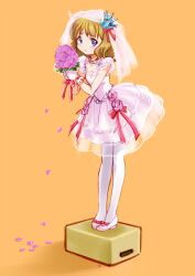 Rule 34 | 1girl, blue eyes, blush, bouquet, bow, bridal veil, brown hair, commentary request, crown, dress, flat chest, flower, footwear bow, frilled sleeves, frills, full body, hands up, highres, holding, holding bouquet, idolmaster, idolmaster million live!, jewelry, layered skirt, looking at viewer, mercy rabbit, necklace, orange background, pantyhose, partial commentary, pearl necklace, petals, pink dress, red ribbon, ribbon, rose, see-through, shadow, short hair, short sleeves, skirt, solo, standing, stool, suou momoko, veil, wavy hair, wavy mouth, wedding dress, white footwear, white pantyhose