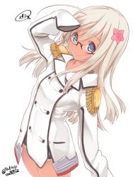 Rule 34 | 1girl, bespectacled, black one-piece swimsuit, blonde hair, blue eyes, commentary request, cosplay, cowboy shot, dated, epaulettes, glasses, highres, kantai collection, katori (kancolle), katori (kancolle) (cosplay), long hair, looking at viewer, military, military uniform, one-hour drawing challenge, one-piece swimsuit, ro-500 (kancolle), salute, school swimsuit, simple background, sleeves past fingers, sleeves past wrists, solo, standing, swimsuit, swimsuit under clothes, takase muh, twitter username, uniform, white background