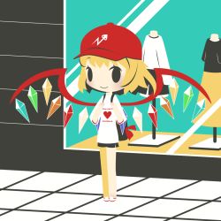 Rule 34 | 1girl, :&gt;, alternate costume, baseball cap, black shorts, blonde hair, blush, chibi, closed mouth, cobalta, flandre scarlet, flat color, hat, looking at viewer, mannequin, red hat, shirt, short hair, shorts, smile, solo, t-shirt, touhou, white shirt, window