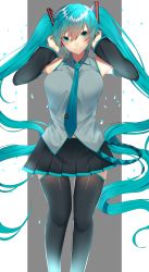 Rule 34 | 1girl, bare shoulders, black footwear, black skirt, black thighhighs, boots, breasts, closed mouth, collared shirt, commentary request, cowboy shot, detached sleeves, green eyes, green hair, green necktie, grey shirt, hair between eyes, hair ornament, hands on headphones, hands up, hatsune miku, headphones, highres, legs apart, long hair, looking at viewer, medium breasts, necktie, onineko-chan, pleated skirt, shirt, skirt, sleeveless, sleeveless shirt, smile, solo, standing, thigh boots, thighhighs, tie clip, twintails, very long hair, vocaloid, wing collar