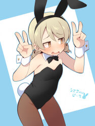 Rule 34 | 1girl, @ @, animal ears, bare shoulders, black bow, black hairband, black leotard, blue background, blush, bow, bowtie, breasts, brown eyes, brown hair, brown pantyhose, collar, detached collar, double v, fake animal ears, hair between eyes, hairband, hands up, idolmaster, idolmaster cinderella girls, leotard, long hair, looking to the side, morikubo nono, open mouth, pantyhose, playboy bunny, rabbit ears, rabbit tail, revision, ringlets, small breasts, solo, strapless, strapless leotard, sweat, tail, two-tone background, uccow, v, wavy mouth, white background, white collar, wing collar, wrist cuffs