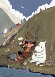 Rule 34 | 2boys, 2girls, adjusting clothes, adjusting headwear, arm behind back, bird, brown hair, cloud, cloudy sky, crossed legs, field, fishing, fishing rod, flower, flower field, flower wreath, hat feather, highres, holding, holding fishing rod, little my, lying, moomin, moomintroll, multiple boys, multiple girls, on back, outdoors, pelcron, pipe in mouth, river, short hair, sitting, sky, smile, smoking, smoking pipe, snork maiden, snufkin, tree