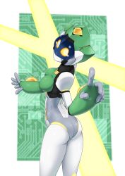 Rule 34 | absurdres, android, ass, assault visor, breasts, circuit board, colored skin, highres, humanoid robot, index finger raised, leotard, looking at viewer, looking back, no mouth, original, robot, white skin, yellow eyes, yuuyatails