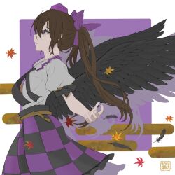 Rule 34 | 1girl, aoiueo12, bird wings, black skirt, black wings, border, breast pocket, brown hair, checkered clothes, checkered skirt, closed mouth, egasumi, falling feathers, feathers, from side, half-closed eyes, hat, highres, himekaidou hatate, leaf, long hair, maple leaf, missing textures, pocket, purple background, purple eyes, purple hat, purple skirt, shirt, short sleeves, signature, skirt, solo, tokin hat, touhou, white border, white shirt, wings
