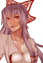 Rule 34 | 1girl, bow, breasts, cigarette, cleavage, female focus, fujiwara no mokou, gazing, grin, hair bow, hatori you, light purple hair, long hair, mouth hold, red eyes, smile, solo, staring, teeth, touhou, white background