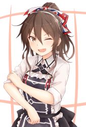 Rule 34 | &gt;;d, 10s, 1girl, ;d, adapted costume, alternate hairstyle, apron, ashigara (kancolle), ashigara kai ni (kancolle), azuhira, bow, brown eyes, brown hair, fake horns, fang, fangs, frilled apron, frills, hair between eyes, hair bow, hairband, high ponytail, horned headwear, horns, kantai collection, long hair, long sleeves, looking at viewer, one eye closed, open mouth, ponytail, shirt, sleeves rolled up, smile, solo, teeth, v-shaped eyebrows, wavy hair, white shirt