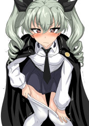 Rule 34 | 10s, 1girl, anchovy (girls und panzer), bent over, black ribbon, blush, cape, clothes pull, drill hair, girls und panzer, grey hair, hair ribbon, looking at viewer, necktie, pantyhose, pantyhose pull, purple eyes, ribbon, simple background, skirt, solo, sweatdrop, trembling, twin drills, ulrich (tagaragakuin), undressing, white background, white pantyhose