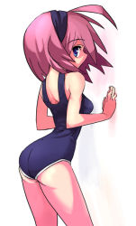 Rule 34 | 1girl, against wall, ass, blue eyes, blue one-piece swimsuit, from behind, hairband, looking at viewer, looking back, one-piece swimsuit, ooyama kina, open mouth, original, pink hair, school swimsuit, short hair, solo, swimsuit, wall