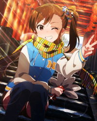 Rule 34 | 10s, 1girl, brown eyes, brown hair, futami mami, grin, hair ornament, hand fan, idolmaster, idolmaster (classic), idolmaster million live!, lantern, looking at viewer, multiple torii, official art, one eye closed, paper lantern, scarf, side ponytail, smile, solo, thighhighs, torii, v