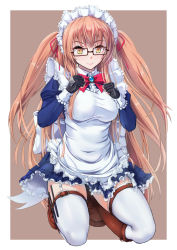 Rule 34 | 1girl, apron, boots, bow, brown eyes, brown footwear, brown hair, covered navel, cross-laced footwear, fingerless gloves, glasses, gloves, highres, knee boots, kneeling, lace-up boots, maid, maid apron, maid headdress, original, ribbon, ribbon hair, simple background, solo, thighhighs, toriatto gununu, two side up, zettai ryouiki