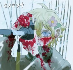 Rule 34 | 1boy, absurdres, aegyo sal, antenna hair, basil (faraway) (omori), basil (omori), blonde hair, blood, blood on clothes, blood on face, blood on hands, blue eyes, camera, flower, hair flower, hair ornament, highres, holding, holding camera, knife, lifejam 403, long sleeves, male focus, omori, parted lips, short hair, solo, translation request, upper body