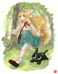 Rule 34 | 1girl, :d, animal ears, ankle cuffs, arknights, black cat, blonde hair, blue hairband, brown footwear, cardigan, cat, forest, fox ears, fox girl, fox tail, frilled hairband, frills, grass, green eyes, hair down, hairband, highres, kitsune, long hair, luo xiaohei, multiple tails, nature, neck ribbon, official alternate costume, open cardigan, open clothes, open mouth, outdoors, pantyhose, red ribbon, ribbon, running, shima (wideshi ma), shoes, smile, solo, suzuran (arknights), suzuran (spring praise) (arknights), tail, luo xiaohei zhanji, tree, triangle mouth, white pantyhose, yellow cardigan