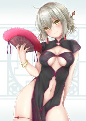 Rule 34 | 1girl, absurdres, ahoge, black dress, blush, breasts, china dress, chinese clothes, commentary request, dress, fate/grand order, fate (series), fur trim, hand fan, highres, jeanne d&#039;arc (fate), jeanne d&#039;arc alter (avenger) (fate), jeanne d&#039;arc alter (fate), large breasts, looking at viewer, mikujin (mikuzin24), navel, no panties, pixiv fate/grand order contest 1, revealing clothes, short hair, silver hair, smile, solo, yellow eyes