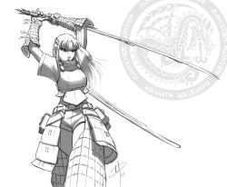Rule 34 | 1girl, armor, breastplate, capcom, faulds, forehead protector, greyscale, huge weapon, lao-shan lung (armor), long hair, monochrome, monster hunter (series), polarityplus, pouch, scabbard, sheath, solo, sword, vambraces, weapon