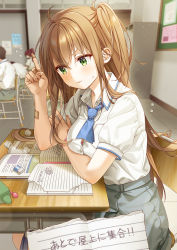 Rule 34 | 2boys, 2girls, ahoge, bandaid, bandaid on arm, bandaid on hand, blush, book, breast pocket, brown hair, buttons, chair, classroom, collared shirt, crumpled paper, desk, eraser, flying sweatdrops, grabbing own arm, green eyes, highres, index finger raised, indoors, long hair, multiple boys, multiple girls, necktie, notebook, one side up, original, pen, pocket, school chair, school desk, school uniform, shirt, short necktie, short sleeves, sitting, skirt, solo focus, sweat, sweatdrop, tombow mono, translation request, unjem