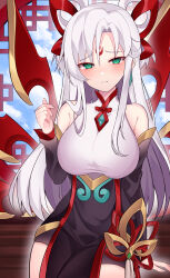 Rule 34 | 1girl, absurdres, blush, breasts, closed mouth, clothing cutout, cloud, cloudy sky, day, dress, earrings, frown, green eyes, hair rings, highres, irelia, jewelry, large breasts, league of legends, long hair, long sleeves, looking at viewer, pelicana, shoulder cutout, sitting, sky, solo, white hair