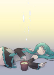 Rule 34 | 1girl, aqua hair, bare shoulders, btoor, detached sleeves, closed eyes, hatsune miku, hello planet (vocaloid), long hair, lying, nail polish, necktie, on back, plant, pleated skirt, potted plant, sapling, skirt, sleeping, solo, tears, twintails, vest, vocaloid