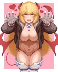 Rule 34 | 1girl, arnval mk2, bar censor, blonde hair, boots, border, breasts, busou shinki, censored, cleavage, closed eyes, demon wings, doll joints, fangs, groin, heart, highres, horns, jacket, joints, large breasts, long hair, navel, nipples, no bra, nude, open clothes, open mouth, pink background, simple background, solo, thigh boots, very long hair, white border, wings, yas (35373)