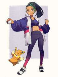 Rule 34 | 1girl, absurdres, alternate costume, black hair, clenched hand, closed mouth, commentary request, creatures (company), eyelashes, freckles, full body, game freak, green hair, highres, holding, holding poke ball, jacket, leggings, midriff, multicolored hair, navel, nemona (pokemon), nintendo, nori (hgdm2784), open clothes, open jacket, orange eyes, pawmot, poke ball, poke ball (basic), pokemon, pokemon (creature), pokemon sv, ponytail, shoes, smile, sneakers, split mouth, sports bra, standing, two-tone hair, white footwear