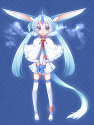 Rule 34 | 1girl, :o, animal ears, blue background, blue eyes, blue gloves, blue hair, boots, capelet, commentary request, ears down, fingerless gloves, fox ears, fur trim, gloves, horns, konshin, long hair, looking at viewer, original, parted lips, pom pom (clothes), single horn, solo, standing, thigh boots, thighhighs, twintails, v arms, white capelet, white footwear