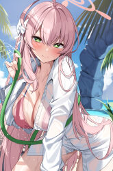 Rule 34 | 1girl, absurdres, ahoge, blue archive, blue sky, blush, breasts, cleavage, closed mouth, commentary, day, green eyes, halo, hanako (blue archive), hanako (swimsuit) (blue archive), highres, hose, large breasts, long hair, looking at viewer, official alternate costume, outdoors, pink hair, shirt, sky, smile, solo, suiroh (shideoukami), very long hair, water, wet, wet clothes, wet shirt, white shirt