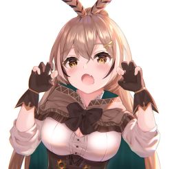 Rule 34 | 1girl, blush, breasts, brown hair, cleavage, cleavage cutout, cloak, clothing cutout, fang, feather hair ornament, feathers, gao, gloves, hair ornament, hands up, hololive, hololive english, large breasts, long hair, looking at viewer, loose clothes, magaqq123, nanashi mumei, open mouth, owl girl, puffy sleeves, very long hair, virtual youtuber