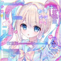 Rule 34 | 1girl, :d, blue eyes, blue sailor collar, blue shirt, blush, bow, bowtie, cellphone, chouzetsusaikawa tenshi-chan, hair bow, heart, highres, holding, holding phone, long sleeves, looking at viewer, multicolored hair, multiple hair bows, nanxiaonan, needy girl overdose, open mouth, phone, pixel art inset, pixel heart, portrait, quad tails, sailor collar, sailor shirt, shirt, smartphone, smile, solo, speech bubble, v, watermark, yellow bow, yellow bowtie
