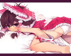 Rule 34 | 1girl, bad id, bad pixiv id, bare legs, bare shoulders, barefoot, blush, bow, brown eyes, brown hair, detached sleeves, female focus, hair bow, hakurei reimu, htm (gixig), letterboxed, lying, on stomach, panties, solo, touhou, underwear, white panties