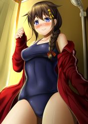 Rule 34 | 10s, 1girl, bad id, bad nicoseiga id, bare shoulders, blue eyes, blush, braid, breasts, brown hair, clenched hand, commentary request, from below, hair flaps, hair ornament, hair over shoulder, hair ribbon, jacket, kantai collection, long hair, looking at viewer, one-piece swimsuit, open clothes, open jacket, open mouth, ribbon, school swimsuit, shibata rai, shigure (kancolle), shigure kai ni (kancolle), shiny clothes, single braid, smile, solo, swimsuit, thighs, track jacket, track suit