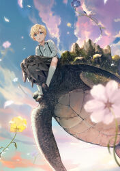 Rule 34 | 1boy, animal, blonde hair, blue eyes, blurry, child, cloud, cloudy sky, collared shirt, copyright request, depth of field, flower, from below, kneehighs, korean commentary, long sleeves, looking afar, male focus, mary janes, novel illustration, official art, open mouth, outdoors, petals, shirt, shoes, short hair, sky, socks, solo, sssttt, suspenders, turtle