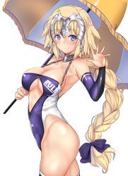 Rule 34 | 1girl, arched back, argyle, argyle clothes, argyle cutout, bare shoulders, blonde hair, blue bow, blue eyes, blue leotard, blush, bow, braid, breasts, chain, character name, cleavage, cleavage cutout, clothing cutout, collar, commentary request, detached sleeves, fate/apocrypha, fate (series), hair bow, hand up, headpiece, hip focus, jeanne d&#039;arc (fate), jeanne d&#039;arc (ruler) (fate), large breasts, leotard, long braid, long hair, looking at viewer, looking to the side, metal collar, parasol, race queen, simple background, single braid, smile, solo, thighs, umbrella, untue, very long hair, waving, white background