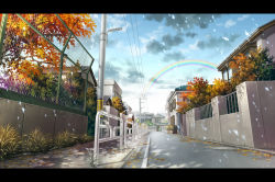 Rule 34 | autumn, fence, fujita (fujita951753), house, lamppost, letterboxed, manhole cover, no humans, original, outdoors, railing, rain, rainbow, road, scenery