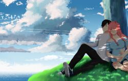 Rule 34 | 10s, 1boy, 1girl, bird, black hair, black pants, blouse, blue shirt, blue shorts, blue sky, breasts, cleavage, closed eyes, cloud, cloudy sky, collarbone, commentary, couple, darling in the franxx, day, fringe trim, fur trim, grass, hand on another&#039;s stomach, hetero, highres, hiro (darling in the franxx), horns, kofi jelly, long hair, long sleeves, oni horns, pants, pink hair, red horns, seagull, shirt, short hair, short sleeves, shorts, sitting, sky, sleeping, sleeping on person, thighs, tree, white shirt, zero two (darling in the franxx)