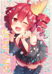 Rule 34 | 1girl, 2017, ;d, ahoge, amane kurumi, bare shoulders, blush, border, breast pocket, buttons, collared dress, confetti, dated, detached sleeves, dress, drill hair, english text, floral background, hair between eyes, happy birthday, hat, headphones, headset, kasane teto, leaning forward, long hair, long sleeves, looking at viewer, microphone, nail polish, one eye closed, open mouth, outline, own hands clasped, own hands together, party hat, pink hair, pink nails, pleated dress, pocket, polka dot, polka dot headwear, smile, solo, striped, striped background, twin drills, twintails, utau, vertical stripes, white border, white outline, wing collar, yellow hat