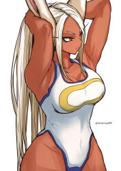 Rule 34 | 1girl, adjusting hair, animal ears, aosora2823, armpits, arms up, bare arms, boku no hero academia, breasts, cleavage, collarbone, covered navel, crescent print, dark-skinned female, dark skin, highleg, highres, large breasts, long eyelashes, long hair, looking to the side, mirko, one-piece swimsuit, parted bangs, rabbit ears, rabbit girl, red eyes, solo, swimsuit, toned, twitter username, very long hair, white background, white hair, white one-piece swimsuit