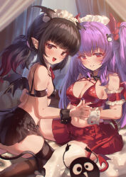 Rule 34 | 2girls, animal ears, arm strap, bat ears, bat wings, black bra, black eyes, black hair, black nails, black ribbon, black skirt, black tail, black thighhighs, black wings, blunt bangs, blush, bra, breasts, cleavage, commentary request, commission, creature, cross-shaped pupils, curtains, demon girl, demon horns, demon tail, detached collar, detached sleeves, ear piercing, fingernails, frilled cuffs, frilled sleeves, frills, hair ornament, hair tie, heart, highres, holding hands, horns, kneeling, long hair, looking at viewer, maid headdress, medium breasts, midriff, multiple girls, nail polish, navel, neck ribbon, open mouth, original, piercing, pleated skirt, pointy ears, ponytail, purple hair, rabbit hair ornament, red bra, red eyes, red pupils, red ribbon, red tail, red wings, ribbon, shuru y, sidelocks, sitting, skeb commission, skirt, small breasts, smile, symbol-shaped pupils, tail, teeth, thighhighs, twintails, underwear, white thighhighs, wings, wrist cuffs