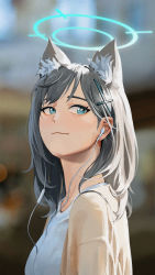Rule 34 | 1girl, absurdres, alternate costume, animal ears, blue archive, blue eyes, blurry, cable, casual, close-up, commentary request, depth of field, earphones, extra ears, from side, grey hair, hair between eyes, hair ornament, hairclip, halo, head tilt, highres, long sleeves, looking at viewer, looking to the side, mismatched pupils, myomu, realistic, shiroko (blue archive), short hair, sidelocks, smile, solo, wolf ears, wolf girl