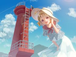 Rule 34 | 10s, 1girl, :d, absurdres, ahoge, blue skirt, cloud, day, hat, highres, leaning forward, lighthouse, love live!, love live! sunshine!!, open mouth, orange hair, outdoors, red eyes, sailor collar, shirt, short hair, short sleeves, skirt, sky, smile, solo, striped clothes, striped shirt, sun hat, takami chika, tomiwo, twitter username, wind