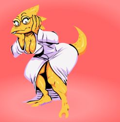 Rule 34 | 1girl, alphys, breasts, dinosaur girl, dinosaur tail, female focus, glasses, highres, lab coat, large breasts, shy, solo, tail, undertale