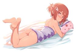 Rule 34 | 1girl, ass, bare shoulders, barefoot, bed sheet, blush, bottomless, breasts, feet, hair ornament, hair ribbon, highres, crossed legs, legs up, looking at viewer, looking back, lying, michairu, hugging object, on stomach, pillow, pillow hug, red eyes, red hair, ribbon, short hair, short ponytail, sideboob, small breasts, smile, solo, the pose, yuuki yuuna, yuuki yuuna wa yuusha de aru, yuusha de aru