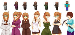 Rule 34 | 6+girls, at2., brown hair, glasses, green eyes, herobrine, knife, minecraft, multiple girls, personification, villager (minecraft)