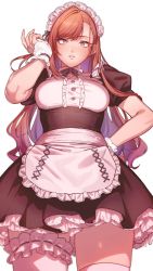 Rule 34 | 1girl, adjusting hair, apron, arisugawa natsuha, blouse, blurry, bow, bowtie, breasts, bridal garter, brown hair, collarbone, depth of field, detached collar, dress, earrings, frills, from below, grey eyes, hair flip, hand on own hip, highres, idolmaster, idolmaster shiny colors, ikarin, jewelry, long hair, looking at viewer, maid, maid apron, maid headdress, medium breasts, parted lips, puffy short sleeves, puffy sleeves, shirt, short sleeves, solo, swept bangs, thighhighs, thighs, underbust, upskirt, waist apron, white shirt, white thighhighs, wrist cuffs