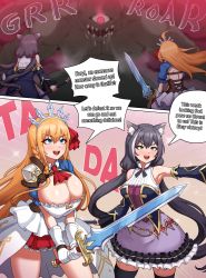 Rule 34 | 2girls, absurdres, animal ear fluff, animal ears, armor, black hair, blonde hair, blue eyes, braid, breasts, cat ears, english text, gloves, green eyes, highres, holding, holding weapon, karyl (princess connect!), large breasts, large penis, long hair, low twintails, monster, multiple girls, open mouth, pecorine (princess connect!), penis, poper (arin sel), princess connect!, shoulder armor, skirt, sword, twintails, weapon