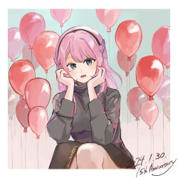 Rule 34 | 1girl, alternate costume, alternate hairstyle, anniversary, balloon, black headband, black skirt, black sweater, blue eyes, braid, commentary, dated, dot nose, gradient background, headband, highres, looking at viewer, lower teeth only, megurine luka, mi-nu, open mouth, pink hair, side slit, sitting, sketch, skirt, solo, sweater, swept bangs, symbol-only commentary, teeth, thighs, tongue, turtleneck, vocaloid