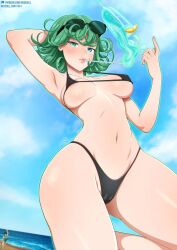 Rule 34 | 2girls, alternate costume, arm behind head, beach, bikini, black bikini, blue sky, blurry, blurry background, breasts, cameltoe, cloud, day, eyewear on head, flipped hair, green eyes, green hair, groin, hand up, large breasts, looking at viewer, magic, mouth hold, multiple girls, navel, neocoill, ocean, one-punch man, outdoors, shiny skin, sky, solo focus, sunglasses, swimsuit, tatsumaki