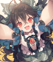 Rule 34 | ahoge, black wings, blush, bow, brown hair, commentary request, gradient background, green bow, green skirt, hair between eyes, hair bow, heart, heart-shaped pupils, highres, long hair, looking at viewer, open mouth, reaching, reaching towards viewer, red eyes, reiuji utsuho, shirt, short sleeves, signature, skirt, smile, solo, symbol-shaped pupils, third eye, touhou, toutenkou, white shirt, wings, yellow background