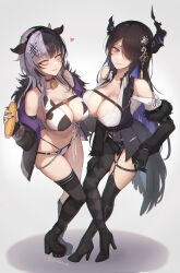 Rule 34 | absurdres, asymmetrical horns, bare shoulders, black choker, black hair, black nails, blue hair, blush, breasts, choker, cleavage, colored inner hair, eliskalti, grey hair, hair ornament, highres, hololive, hololive english, horns, large breasts, long hair, looking at viewer, mole, mole under eye, multicolored hair, nerissa ravencroft, red eyes, shiori novella, smile, split-color hair, two-tone hair, uneven horns, very long hair, virtual youtuber, yellow eyes